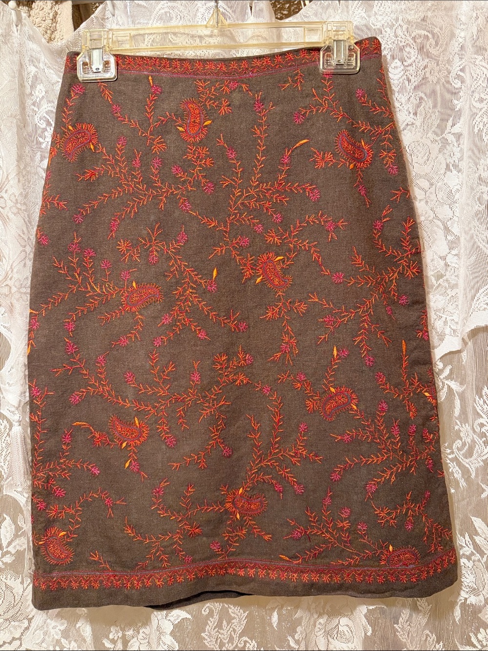 Embroidered Brown Cotton Pencil Skirt - Classic Boho Style